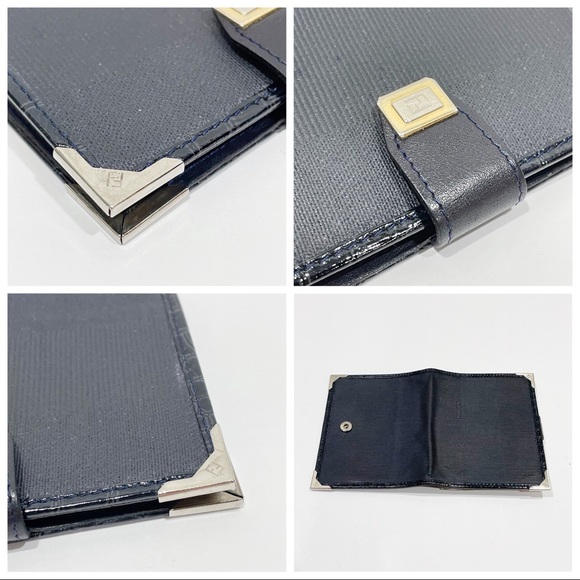 Fendi vintage navy blue pequin stripe canvas crocodile leather trim card wallet - Picture 4 of 12